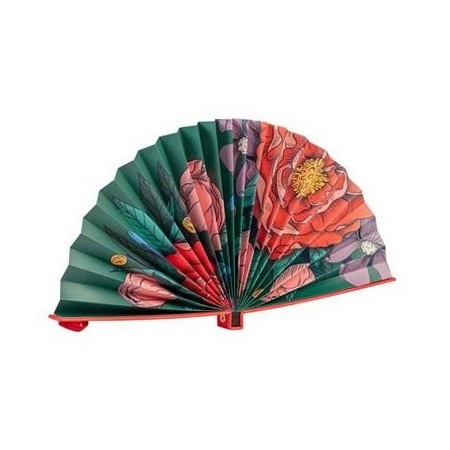 Vue d’angle de l’éventail Frida Kahlo à fleurs rouges